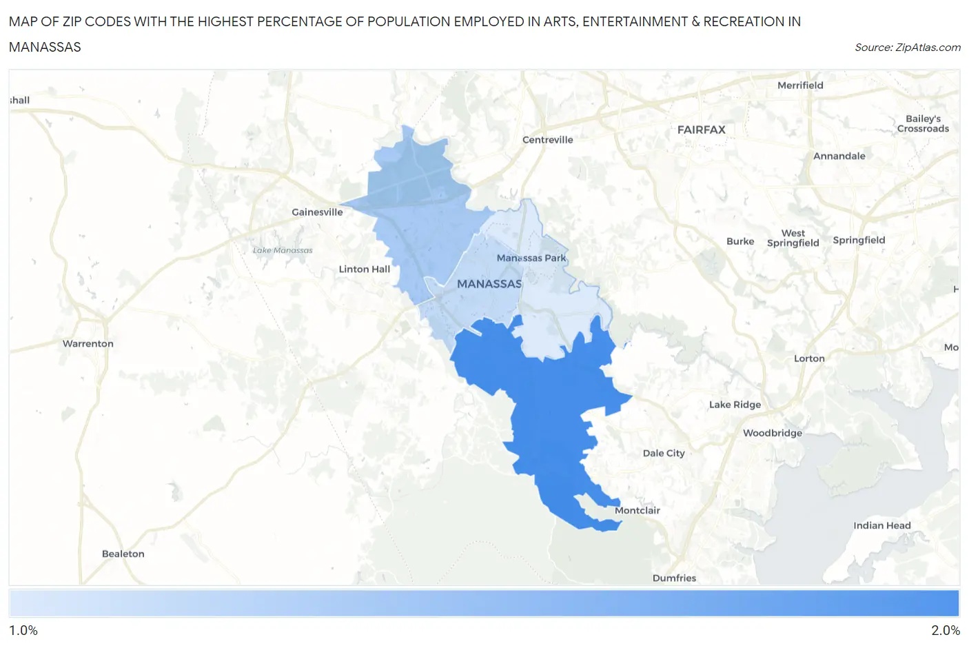 Zip Codes with the Highest Percentage of Population Employed in Arts, Entertainment & Recreation in Manassas Map