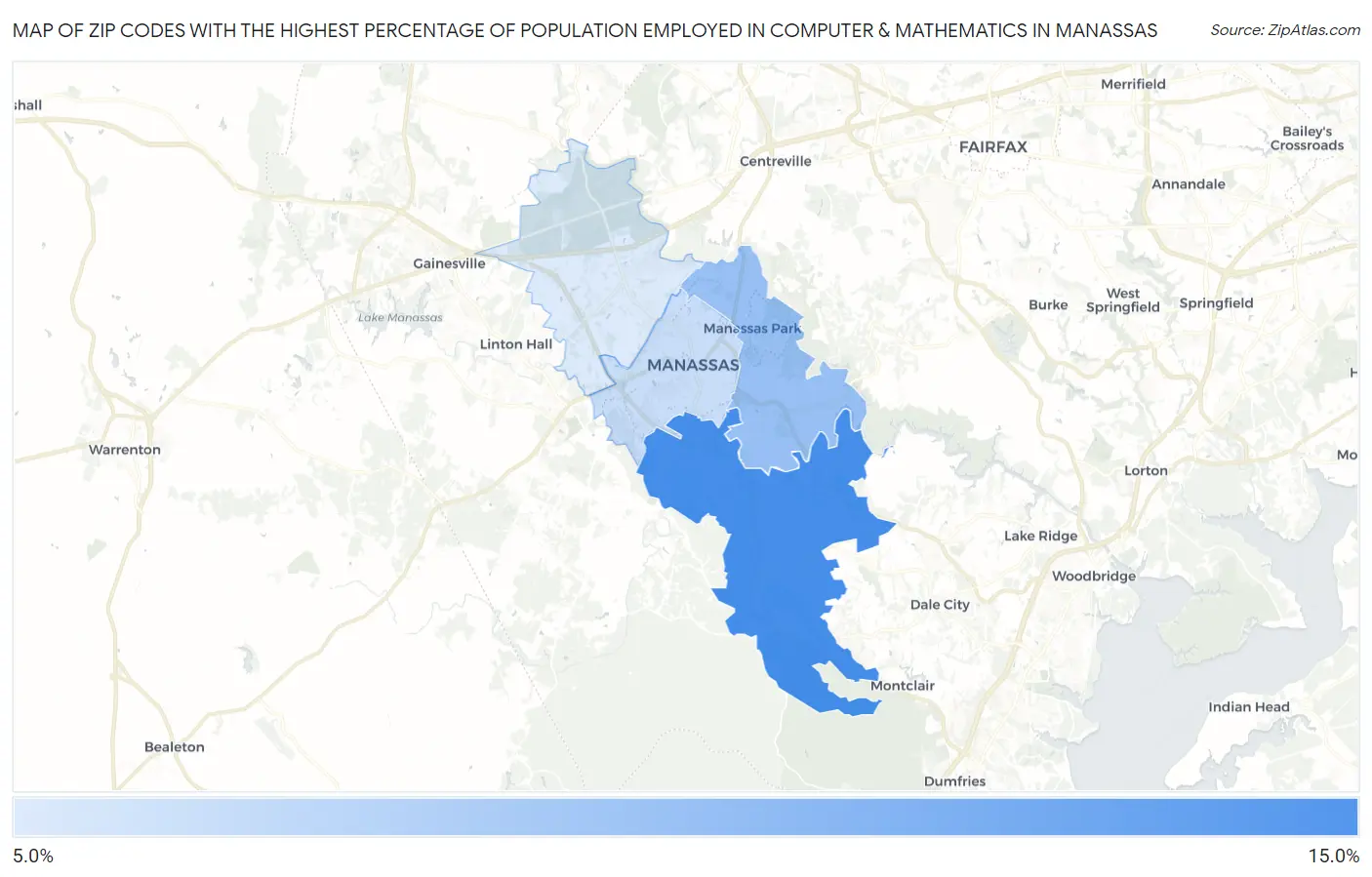 Zip Codes with the Highest Percentage of Population Employed in Computer & Mathematics in Manassas Map