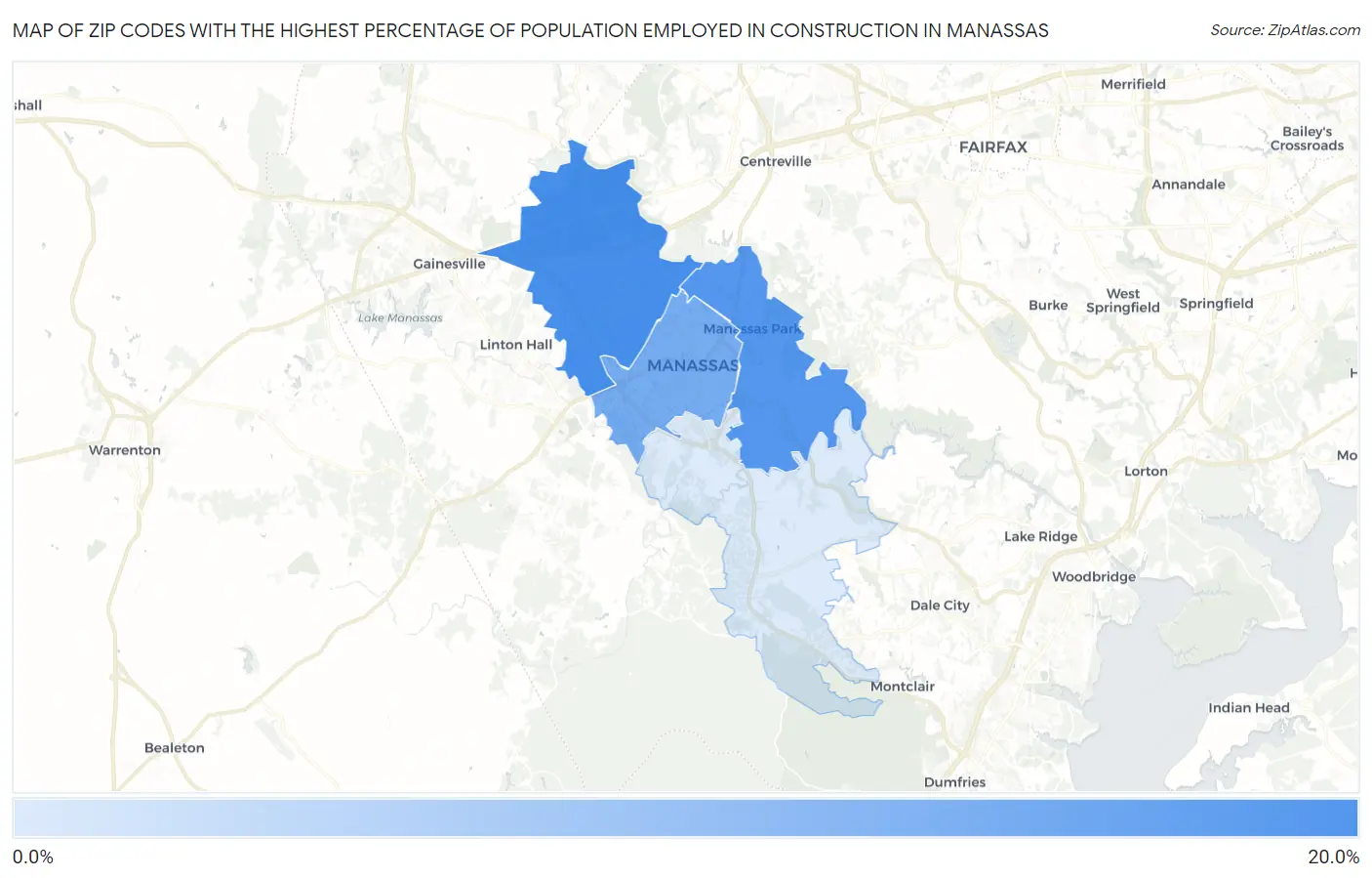 Zip Codes with the Highest Percentage of Population Employed in Construction in Manassas Map