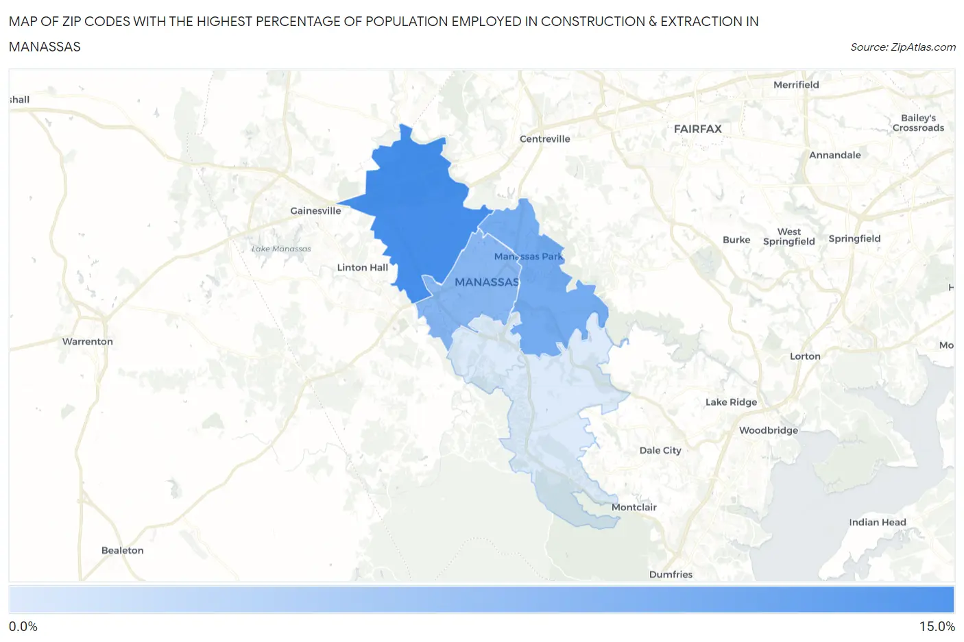 Zip Codes with the Highest Percentage of Population Employed in Construction & Extraction in Manassas Map