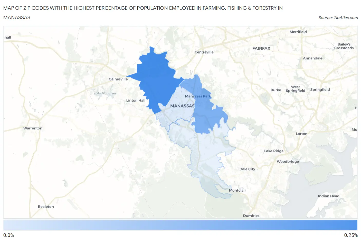 Zip Codes with the Highest Percentage of Population Employed in Farming, Fishing & Forestry in Manassas Map