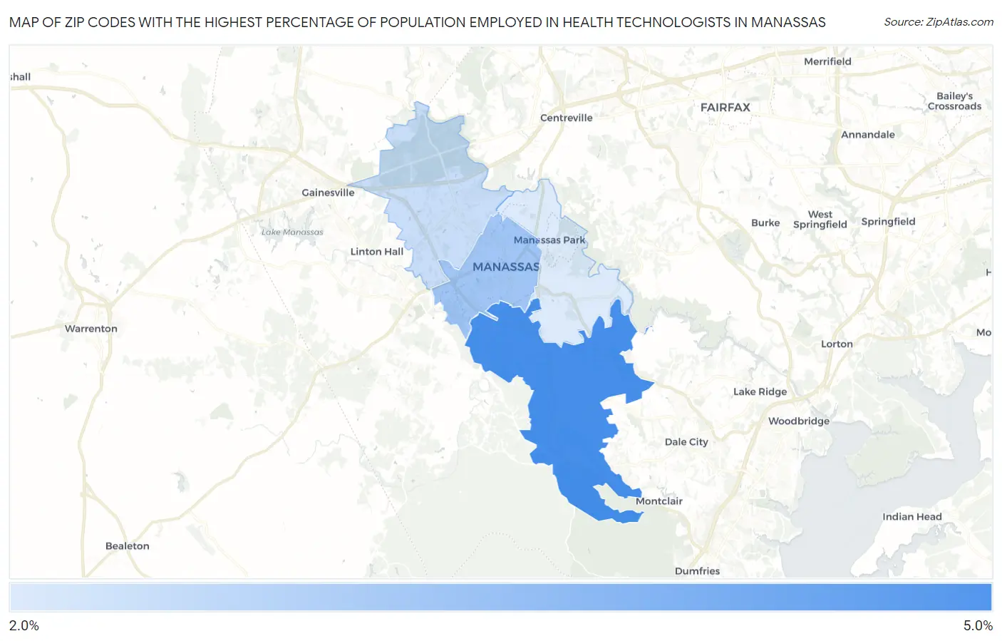 Zip Codes with the Highest Percentage of Population Employed in Health Technologists in Manassas Map