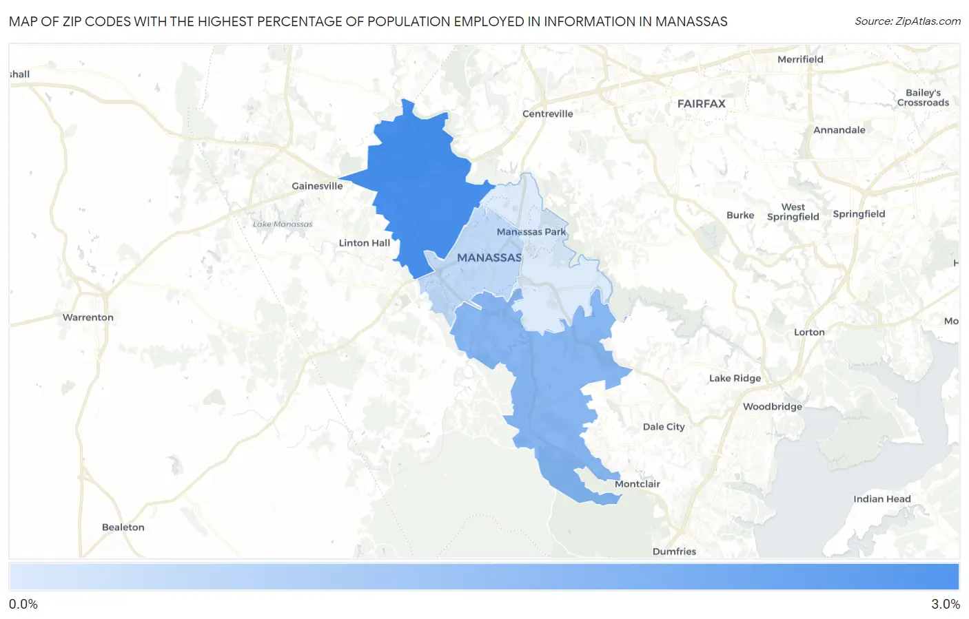 Zip Codes with the Highest Percentage of Population Employed in Information in Manassas Map