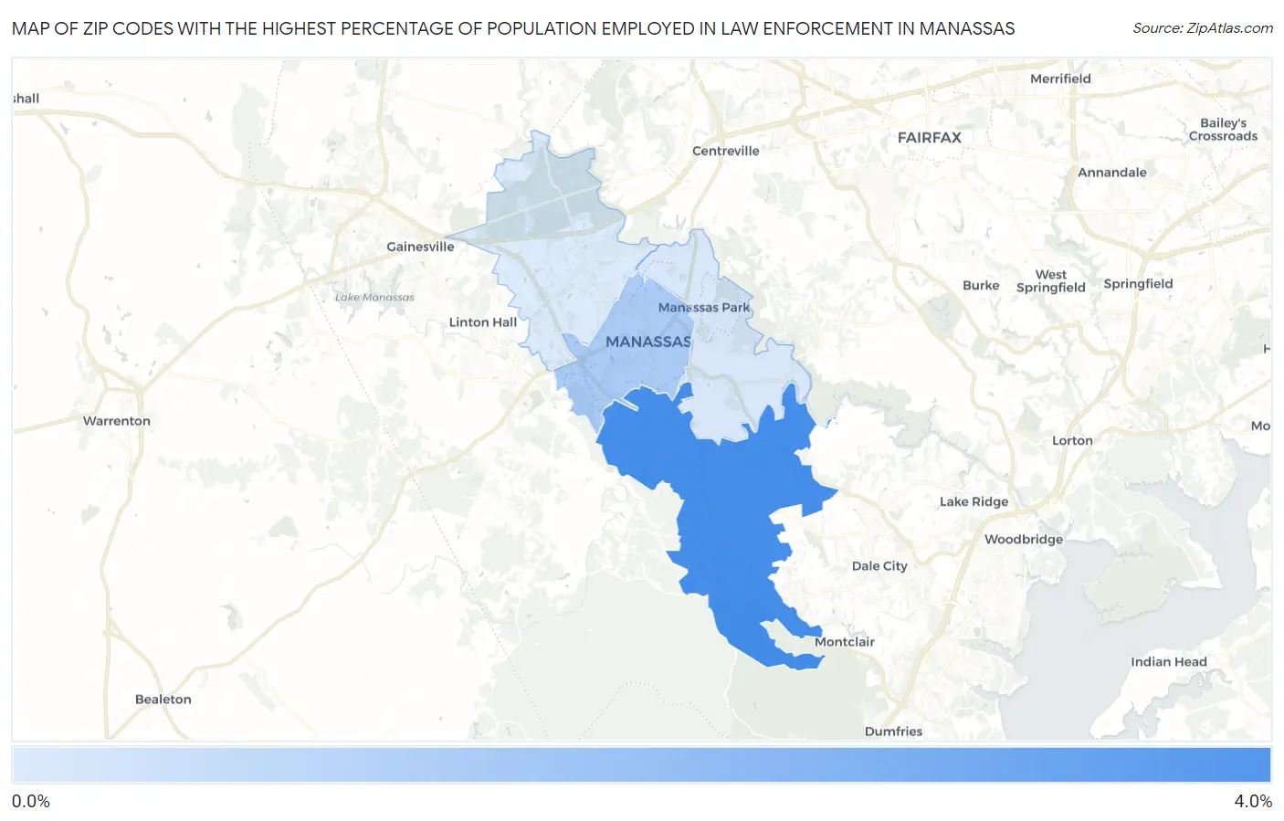 Zip Codes with the Highest Percentage of Population Employed in Law Enforcement in Manassas Map