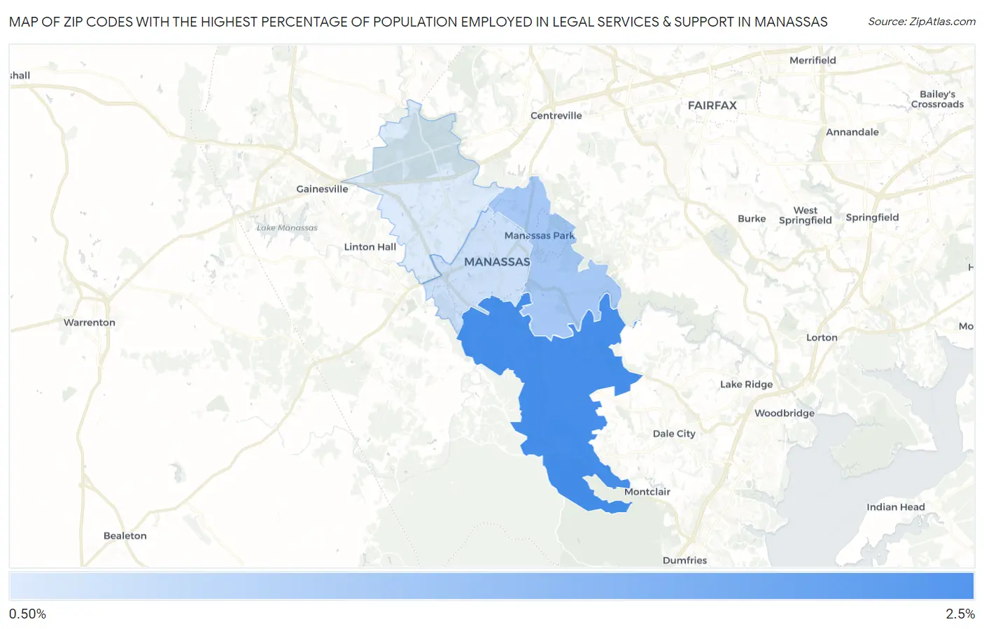 Zip Codes with the Highest Percentage of Population Employed in Legal Services & Support in Manassas Map