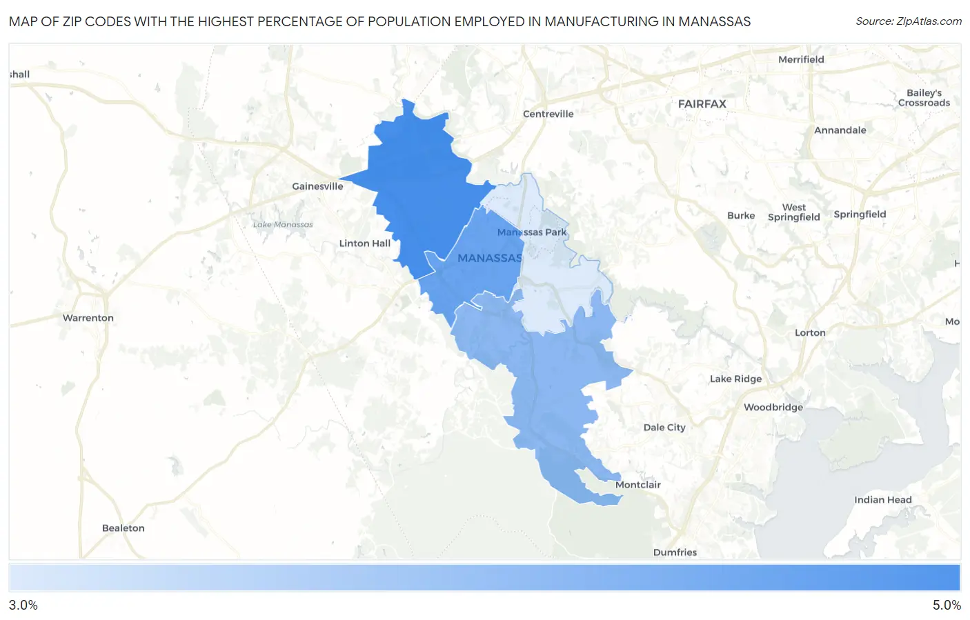 Zip Codes with the Highest Percentage of Population Employed in Manufacturing in Manassas Map