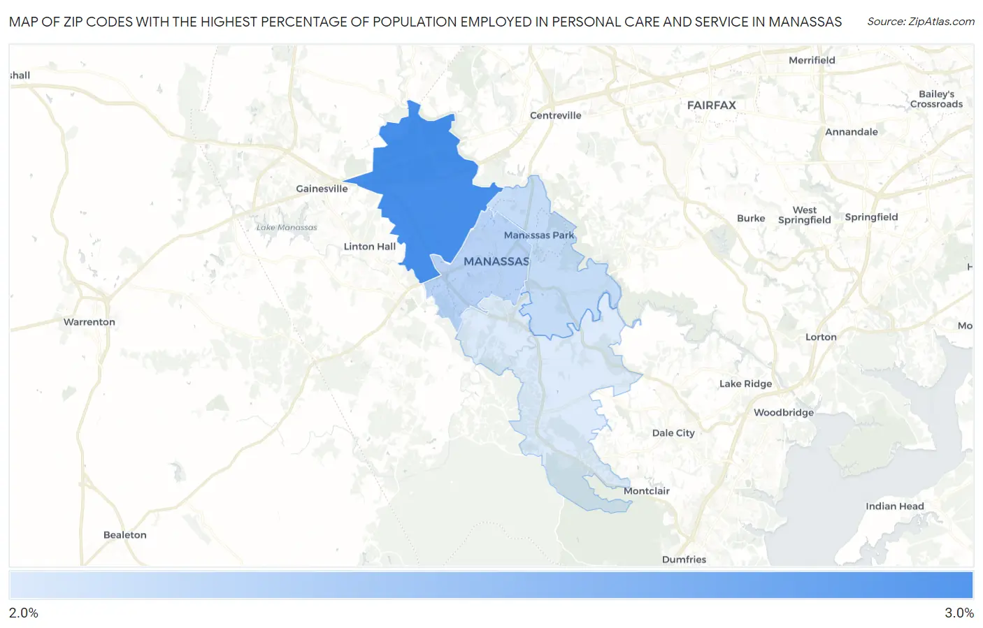 Zip Codes with the Highest Percentage of Population Employed in Personal Care and Service in Manassas Map