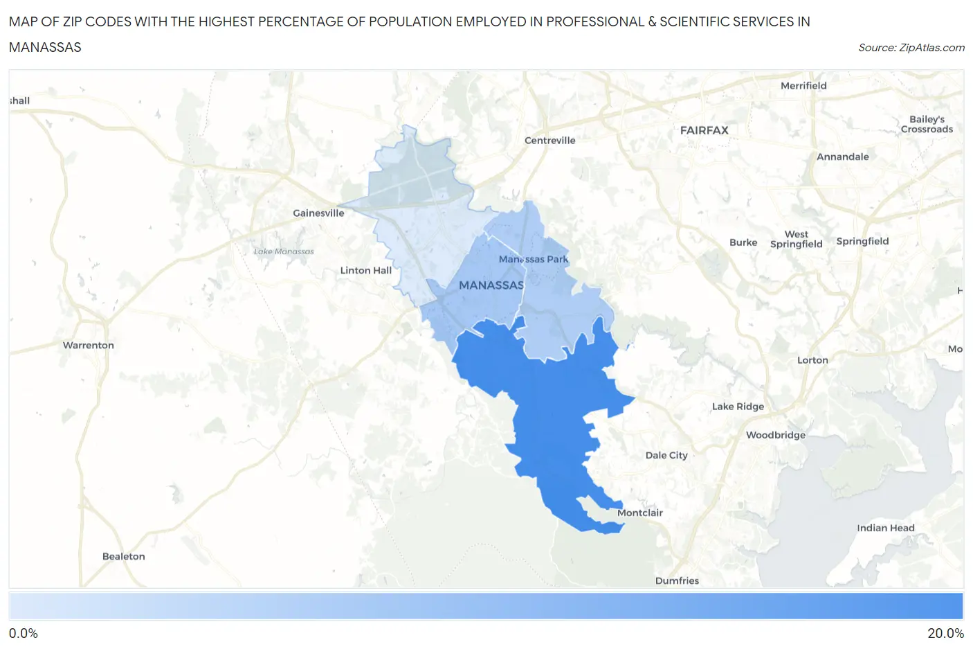 Zip Codes with the Highest Percentage of Population Employed in Professional & Scientific Services in Manassas Map