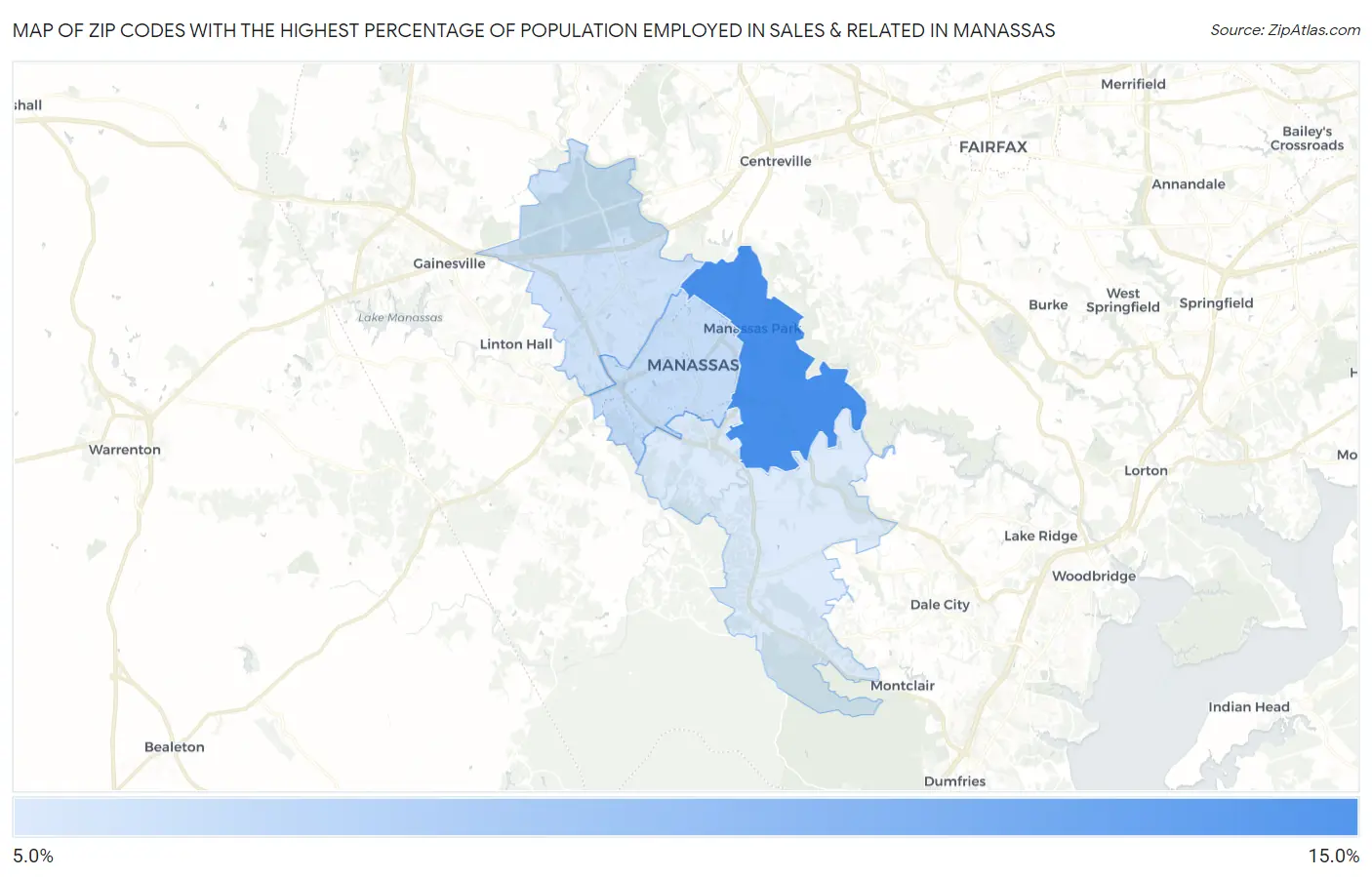 Zip Codes with the Highest Percentage of Population Employed in Sales & Related in Manassas Map