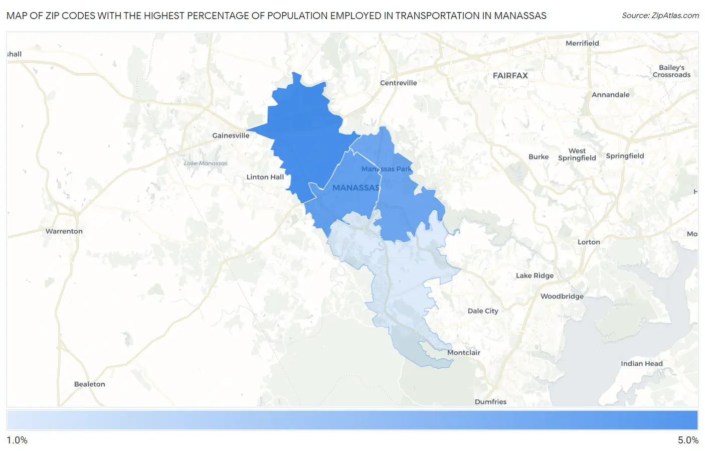 Zip Codes with the Highest Percentage of Population Employed in Transportation in Manassas Map