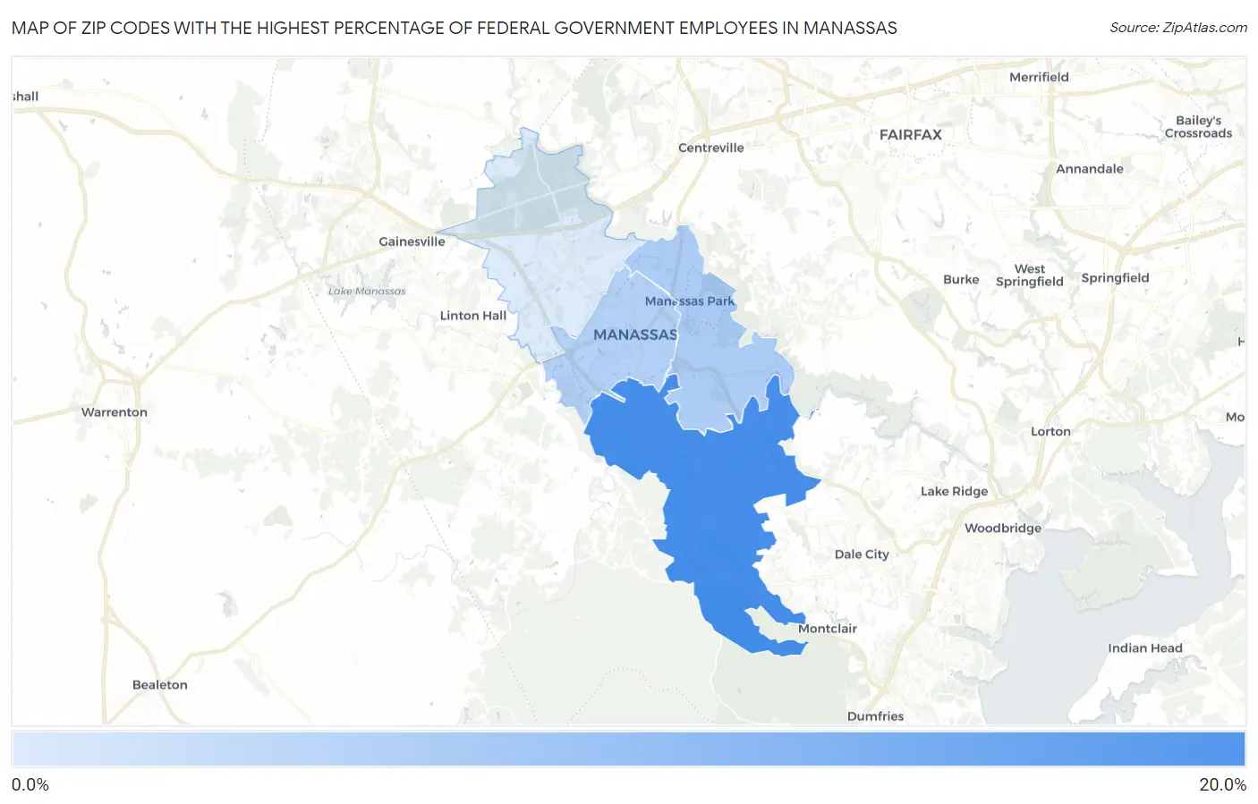 Zip Codes with the Highest Percentage of Federal Government Employees in Manassas Map