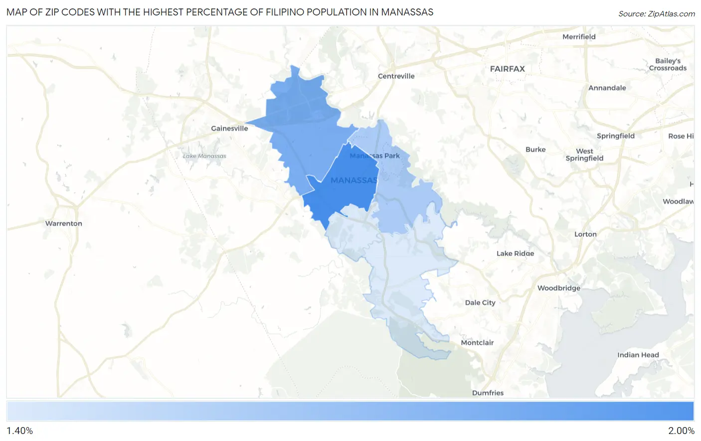 Zip Codes with the Highest Percentage of Filipino Population in Manassas Map