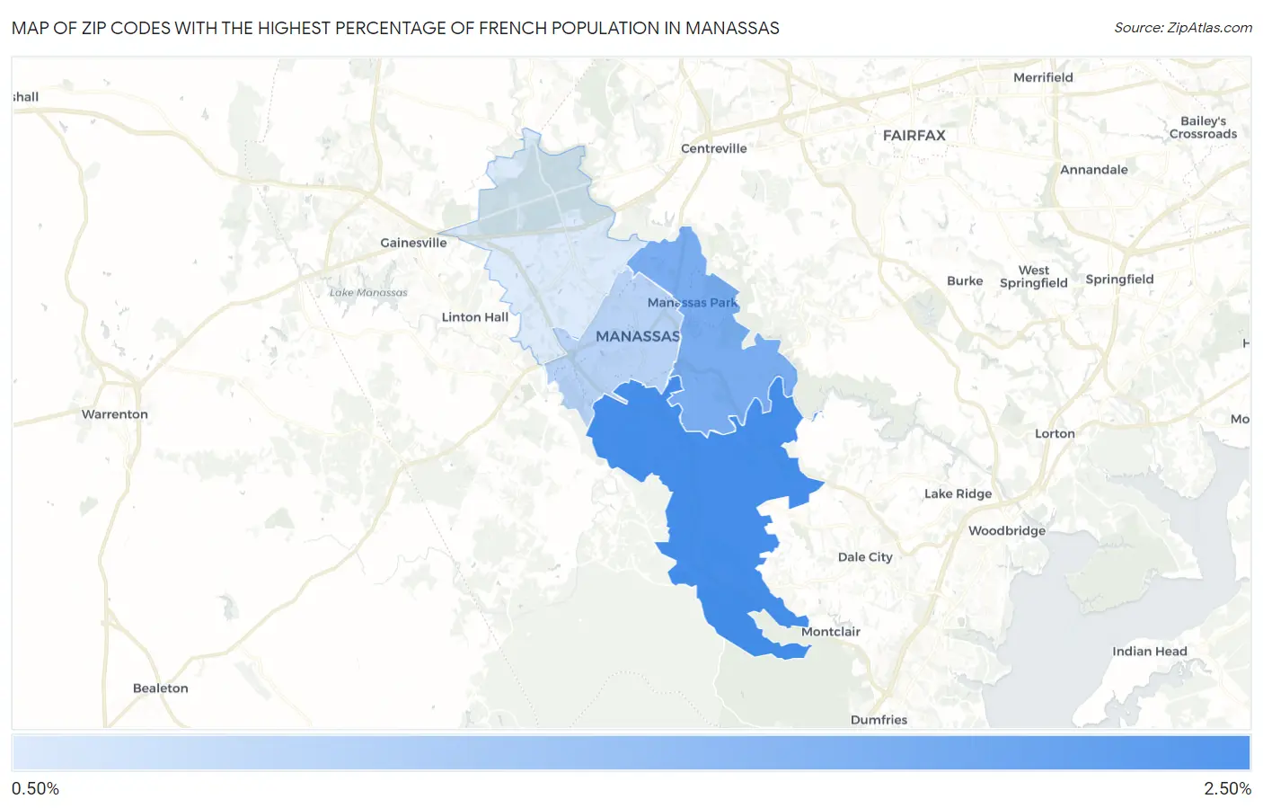 Zip Codes with the Highest Percentage of French Population in Manassas Map