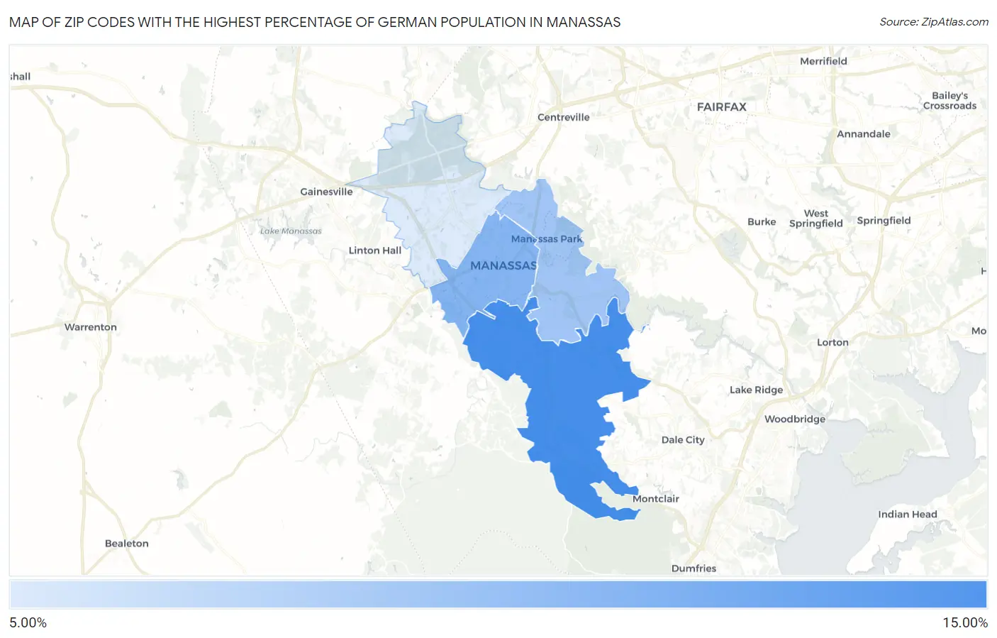 Zip Codes with the Highest Percentage of German Population in Manassas Map