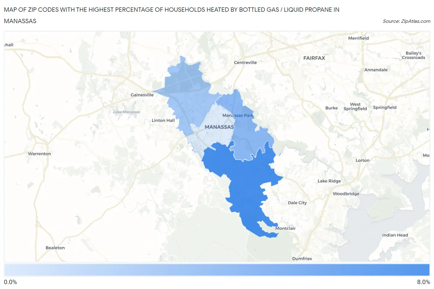 Zip Codes with the Highest Percentage of Households Heated by Bottled Gas / Liquid Propane in Manassas Map