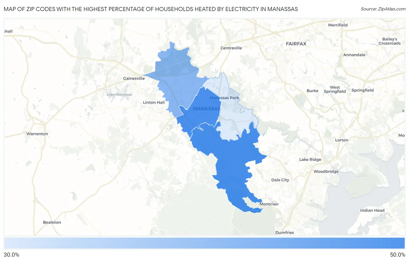 Zip Codes with the Highest Percentage of Households Heated by Electricity in Manassas Map