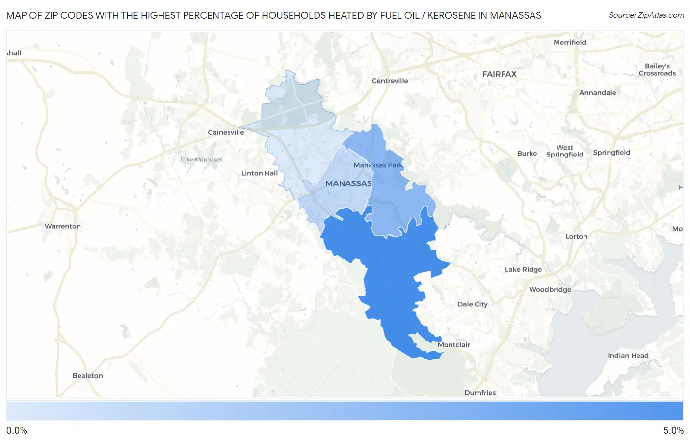 Zip Codes with the Highest Percentage of Households Heated by Fuel Oil / Kerosene in Manassas Map