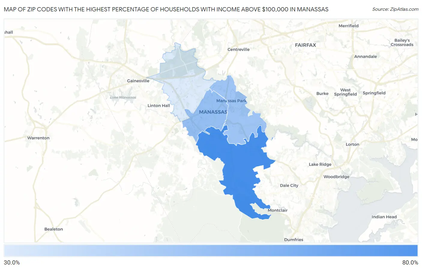 Zip Codes with the Highest Percentage of Households with Income Above $100,000 in Manassas Map