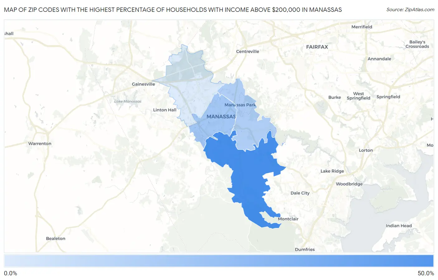 Zip Codes with the Highest Percentage of Households with Income Above $200,000 in Manassas Map