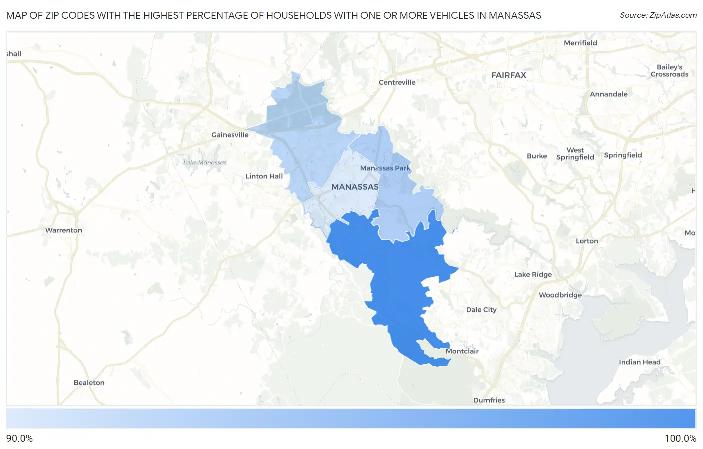Zip Codes with the Highest Percentage of Households With One or more Vehicles in Manassas Map