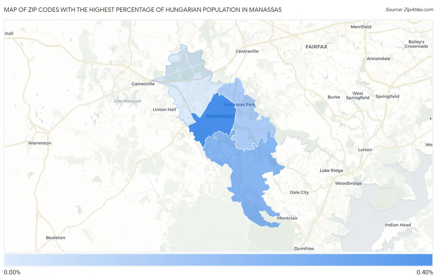 Zip Codes with the Highest Percentage of Hungarian Population in Manassas Map