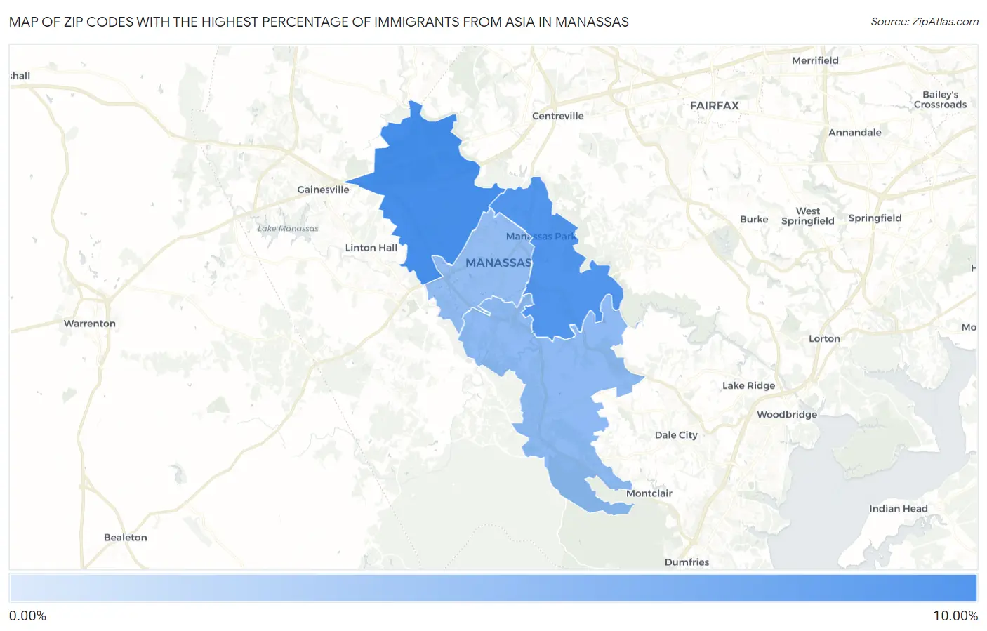 Zip Codes with the Highest Percentage of Immigrants from Asia in Manassas Map