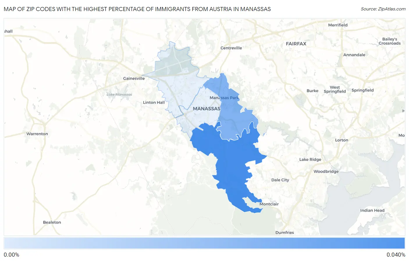 Zip Codes with the Highest Percentage of Immigrants from Austria in Manassas Map