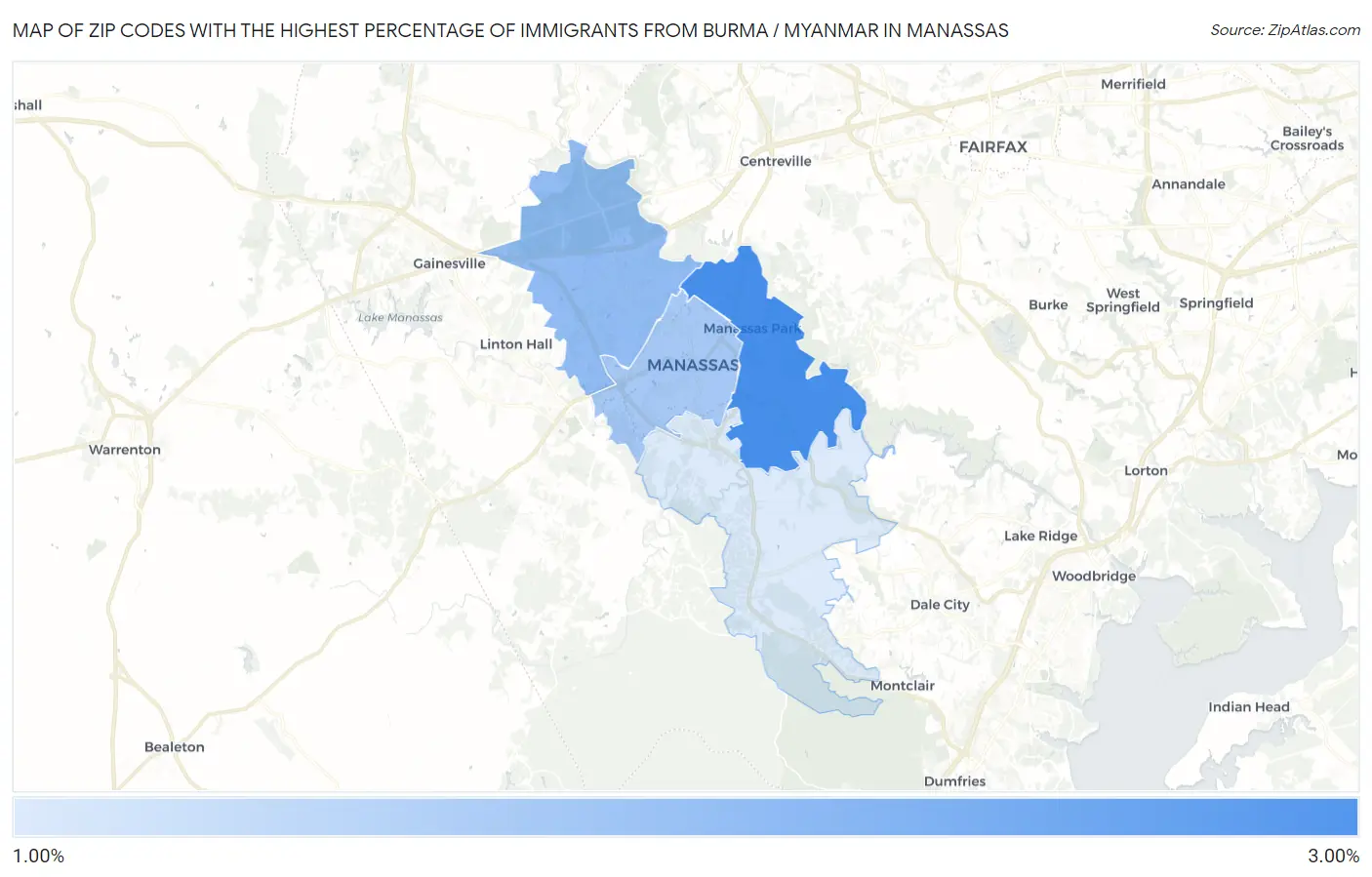 Zip Codes with the Highest Percentage of Immigrants from Burma / Myanmar in Manassas Map