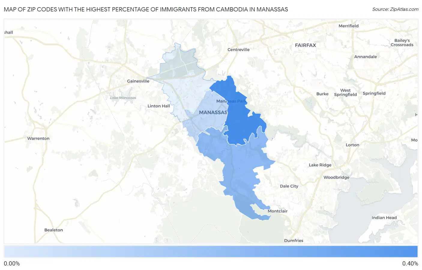 Zip Codes with the Highest Percentage of Immigrants from Cambodia in Manassas Map