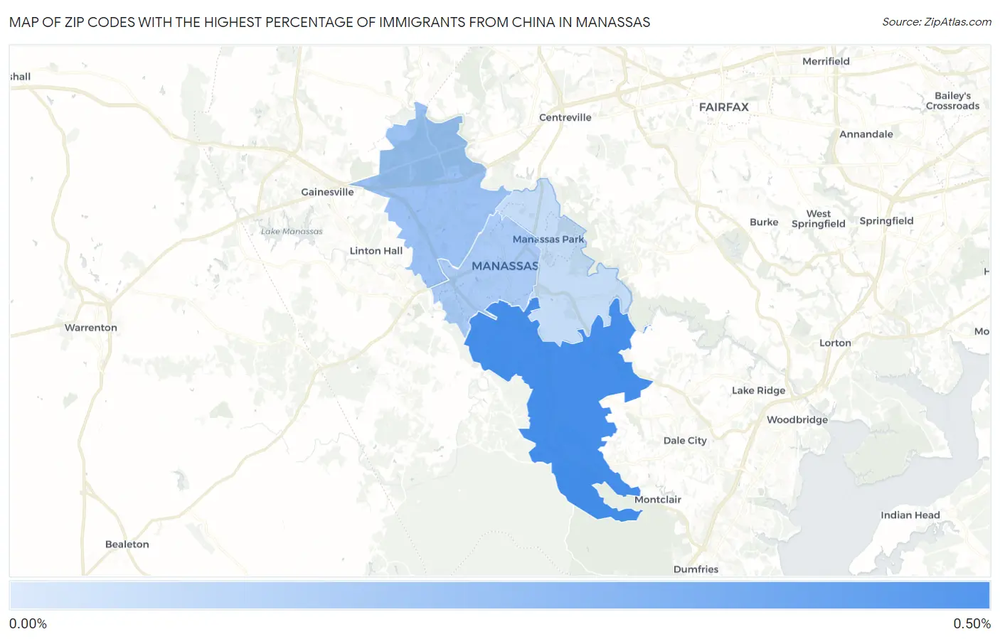Zip Codes with the Highest Percentage of Immigrants from China in Manassas Map