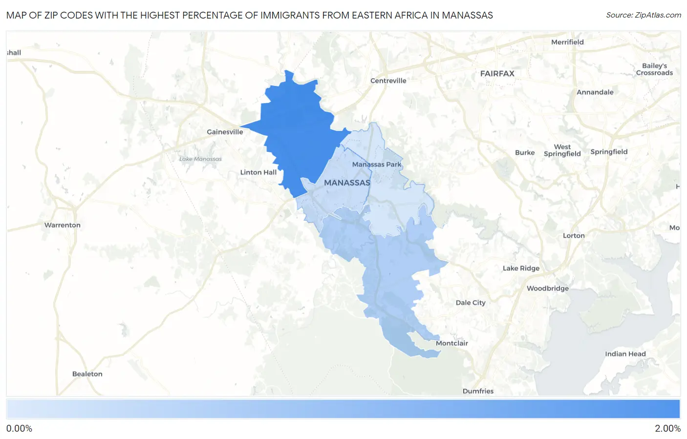 Zip Codes with the Highest Percentage of Immigrants from Eastern Africa in Manassas Map