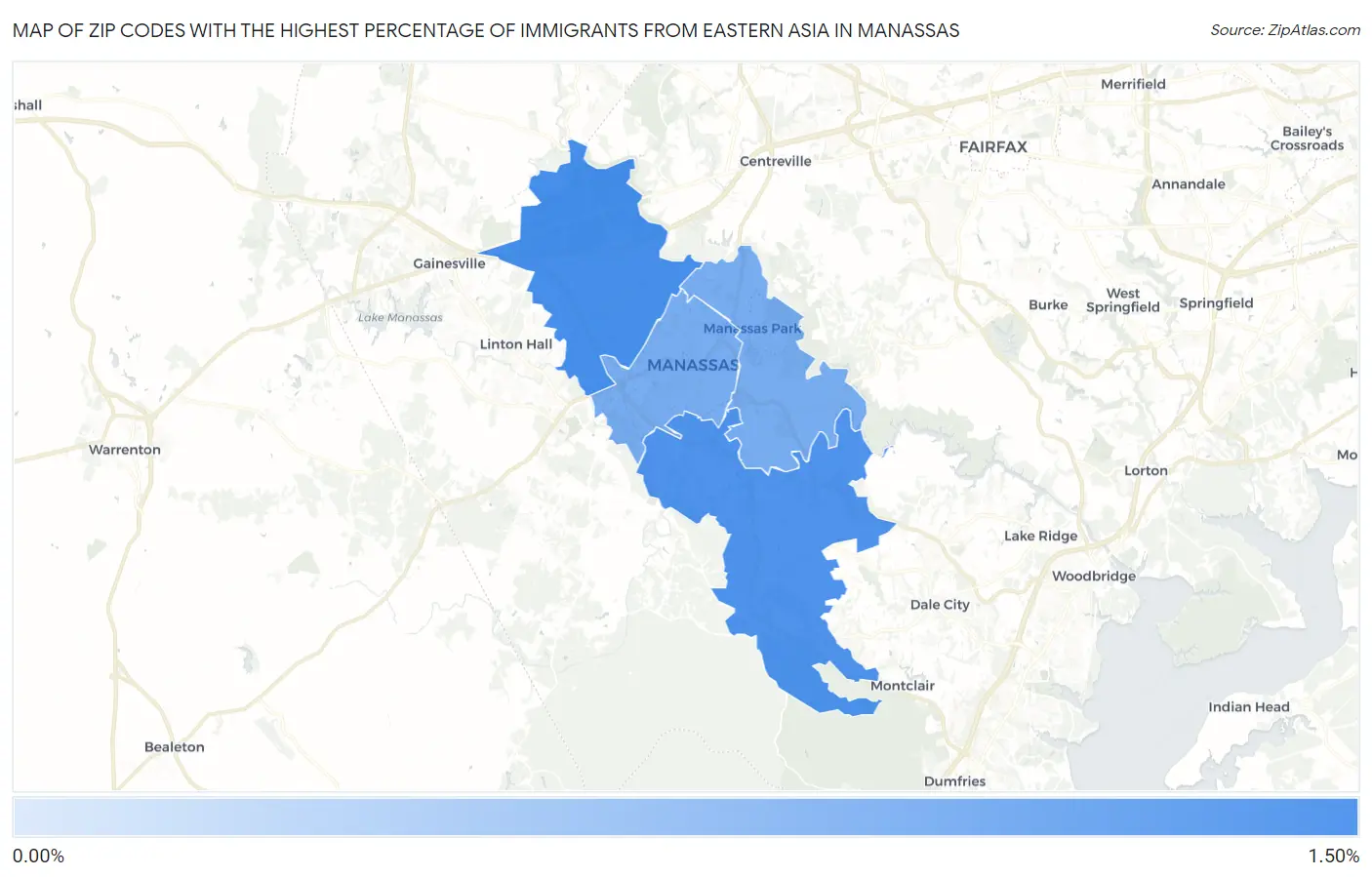 Zip Codes with the Highest Percentage of Immigrants from Eastern Asia in Manassas Map