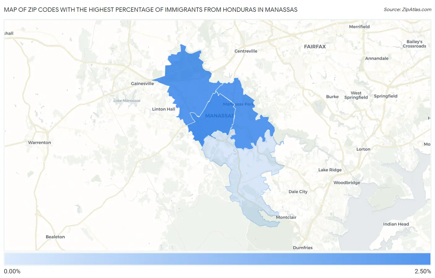 Zip Codes with the Highest Percentage of Immigrants from Honduras in Manassas Map