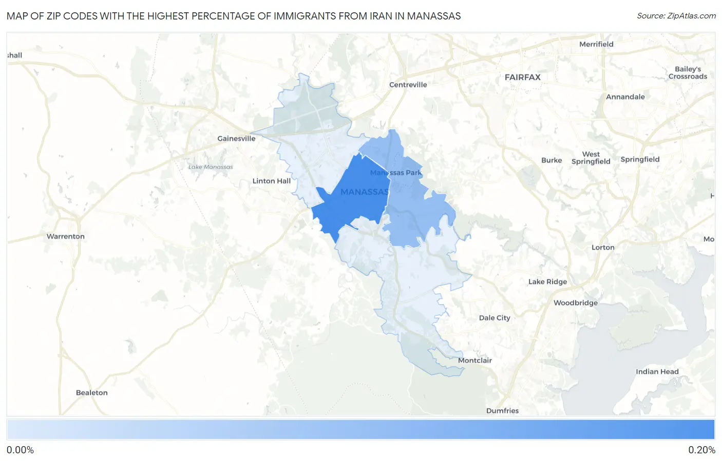Zip Codes with the Highest Percentage of Immigrants from Iran in Manassas Map