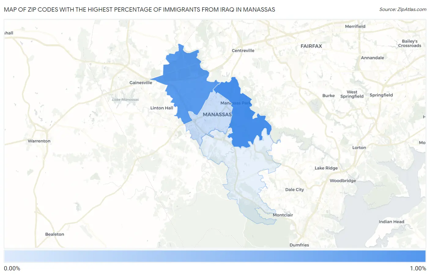Zip Codes with the Highest Percentage of Immigrants from Iraq in Manassas Map