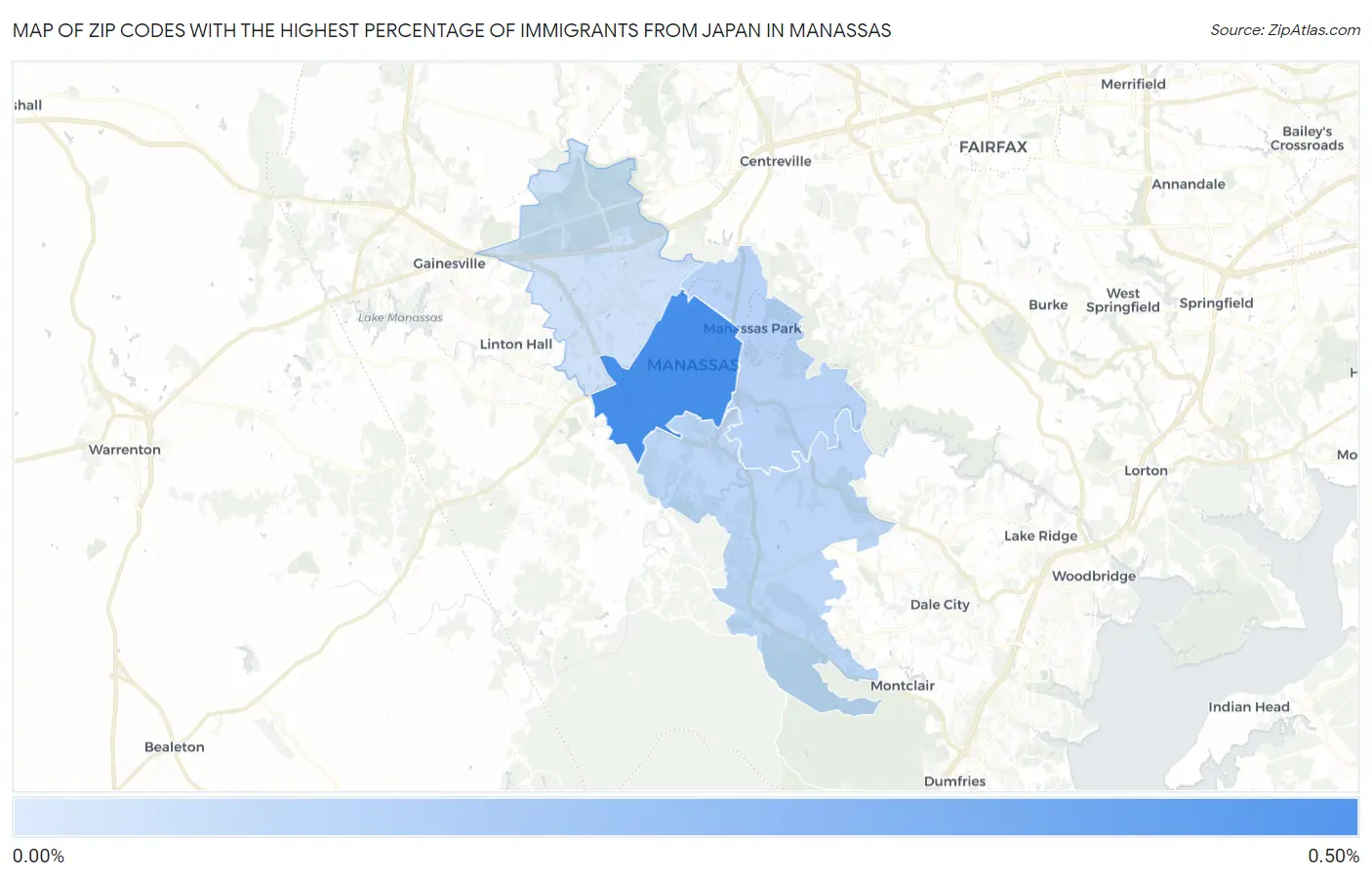 Zip Codes with the Highest Percentage of Immigrants from Japan in Manassas Map