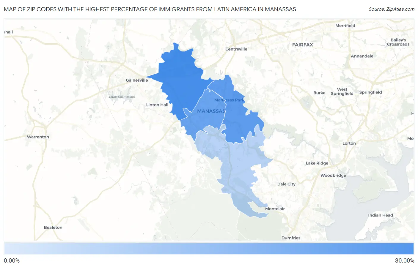 Zip Codes with the Highest Percentage of Immigrants from Latin America in Manassas Map