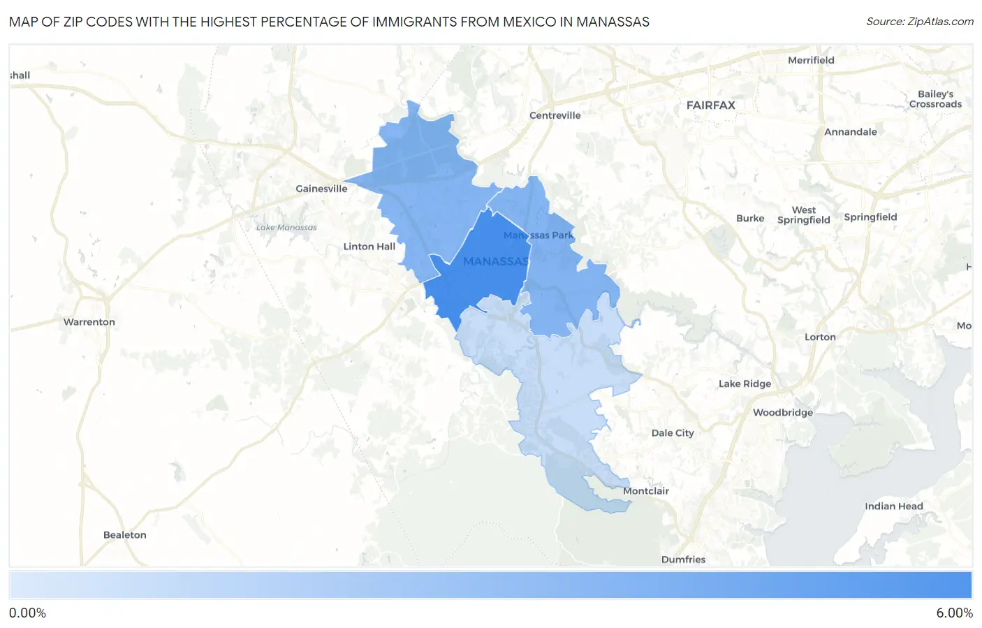 Zip Codes with the Highest Percentage of Immigrants from Mexico in Manassas Map