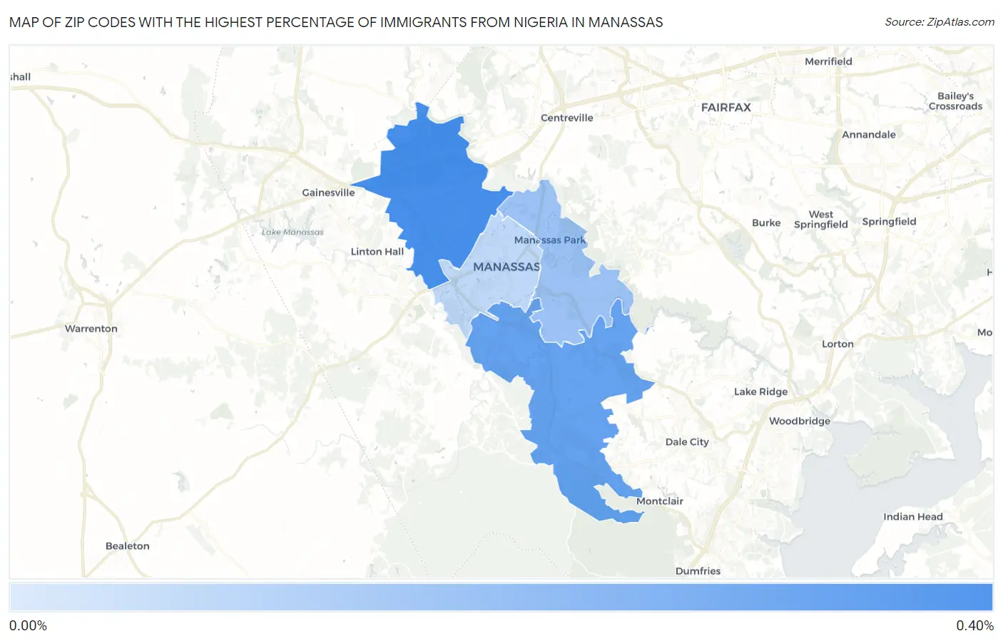 Zip Codes with the Highest Percentage of Immigrants from Nigeria in Manassas Map
