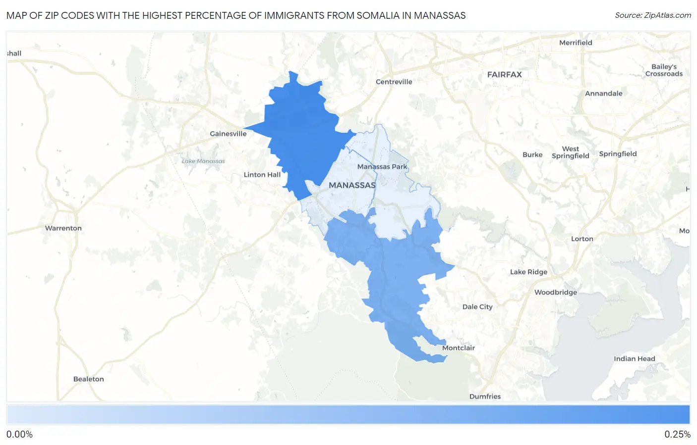 Zip Codes with the Highest Percentage of Immigrants from Somalia in Manassas Map