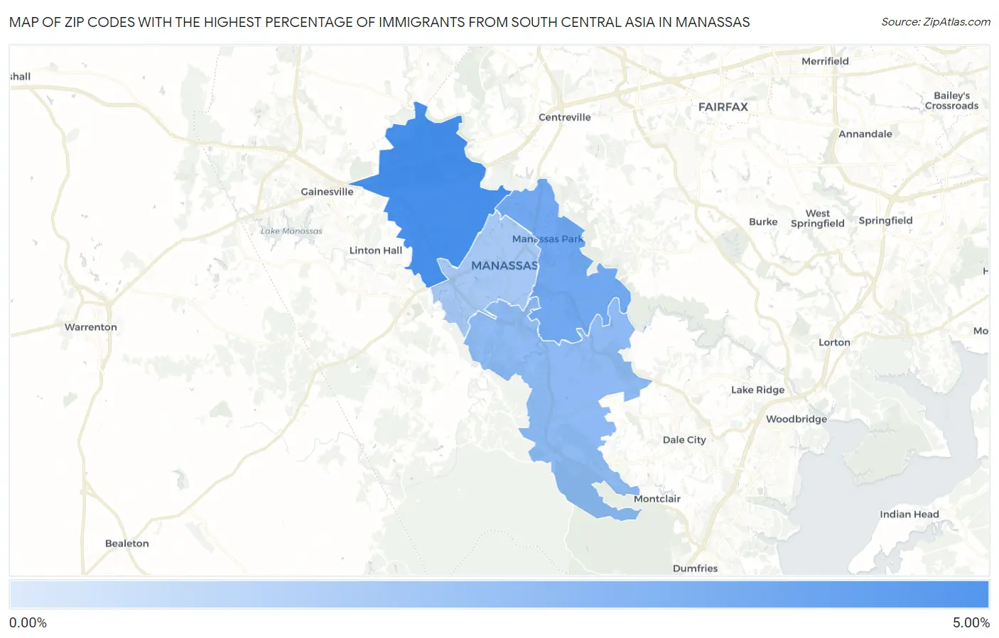 Zip Codes with the Highest Percentage of Immigrants from South Central Asia in Manassas Map