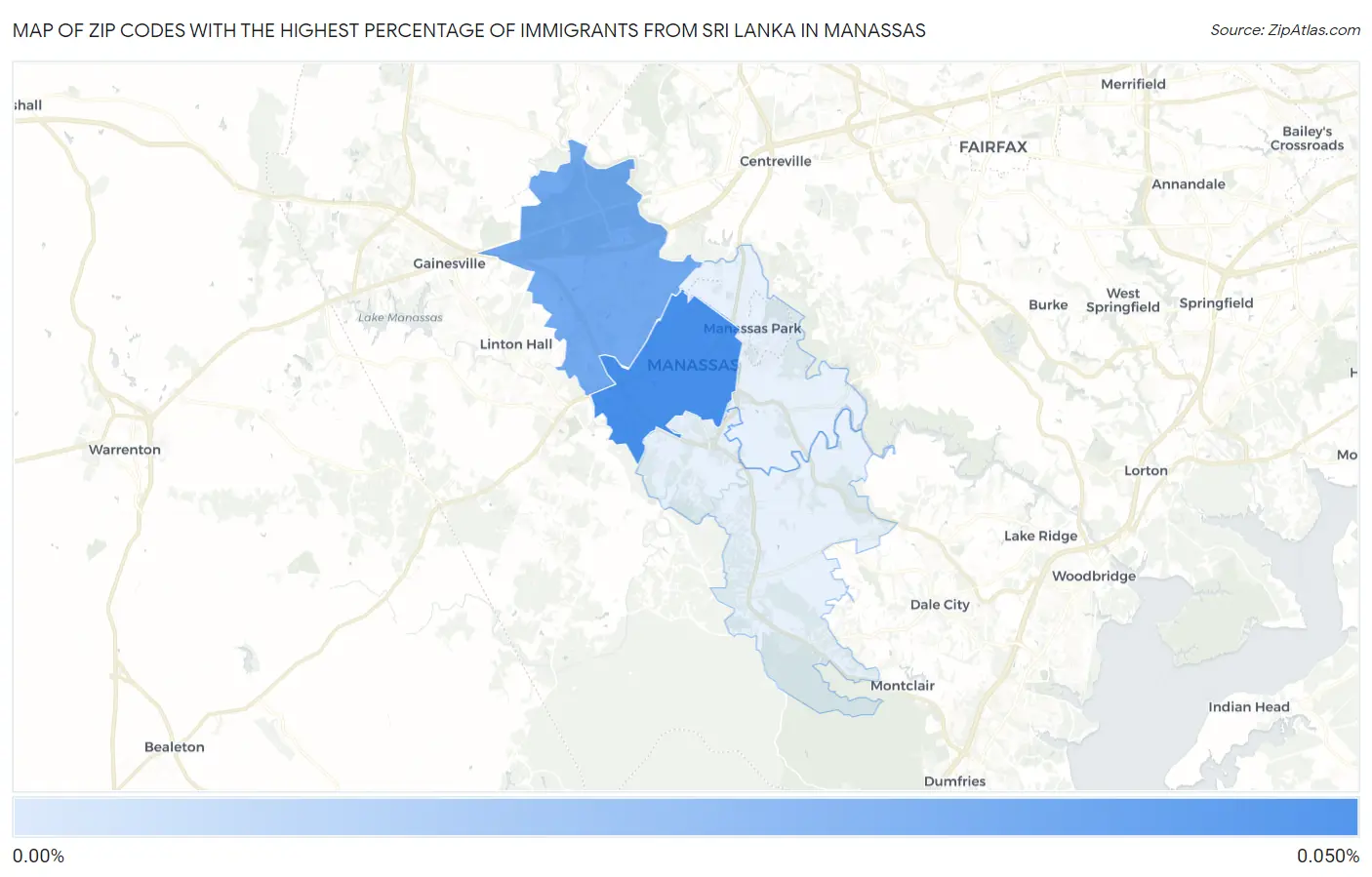 Zip Codes with the Highest Percentage of Immigrants from Sri Lanka in Manassas Map