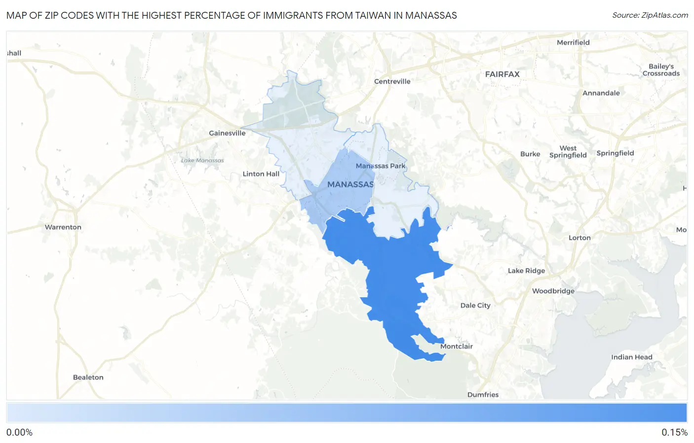 Zip Codes with the Highest Percentage of Immigrants from Taiwan in Manassas Map