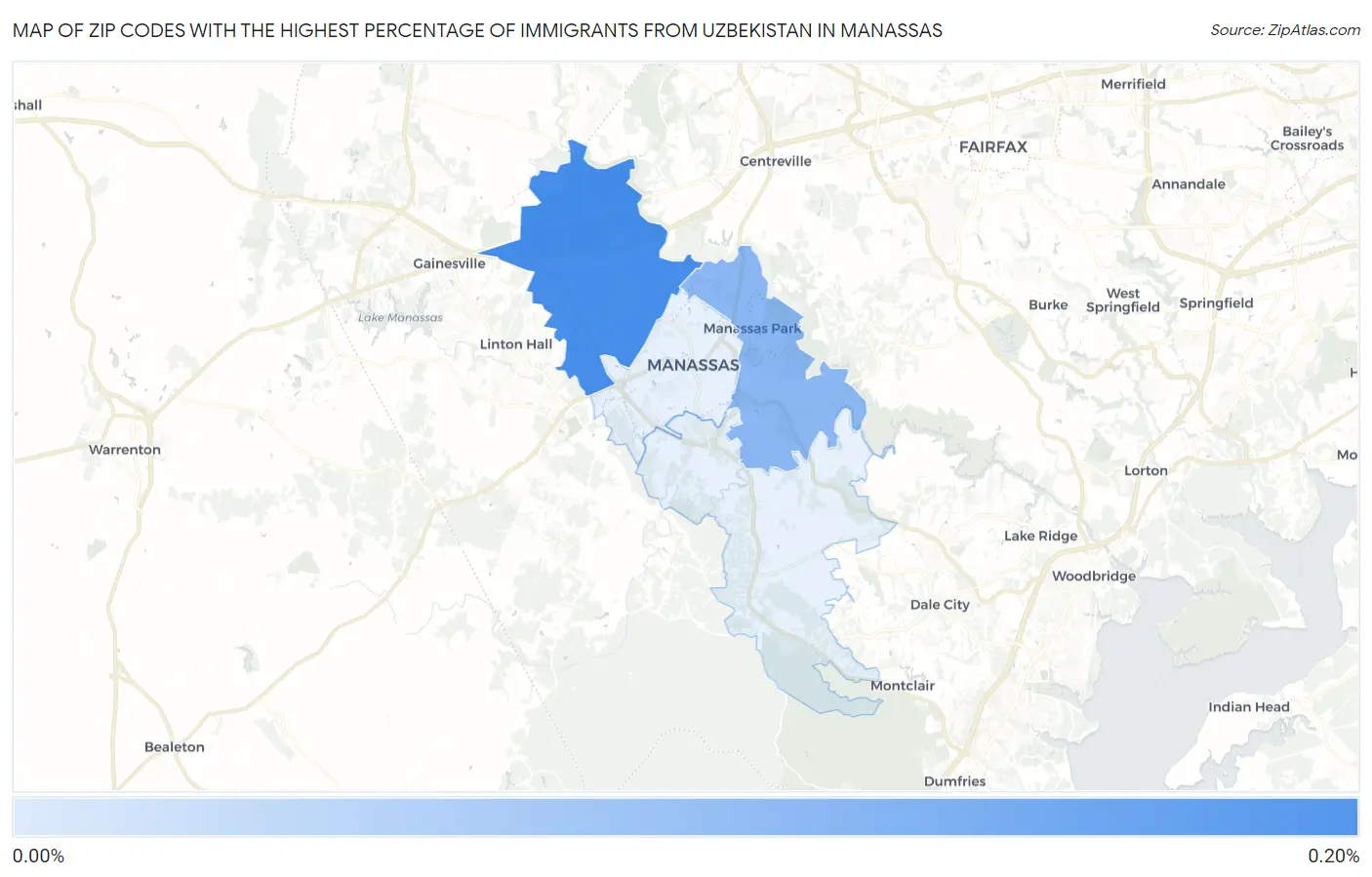 Zip Codes with the Highest Percentage of Immigrants from Uzbekistan in Manassas Map