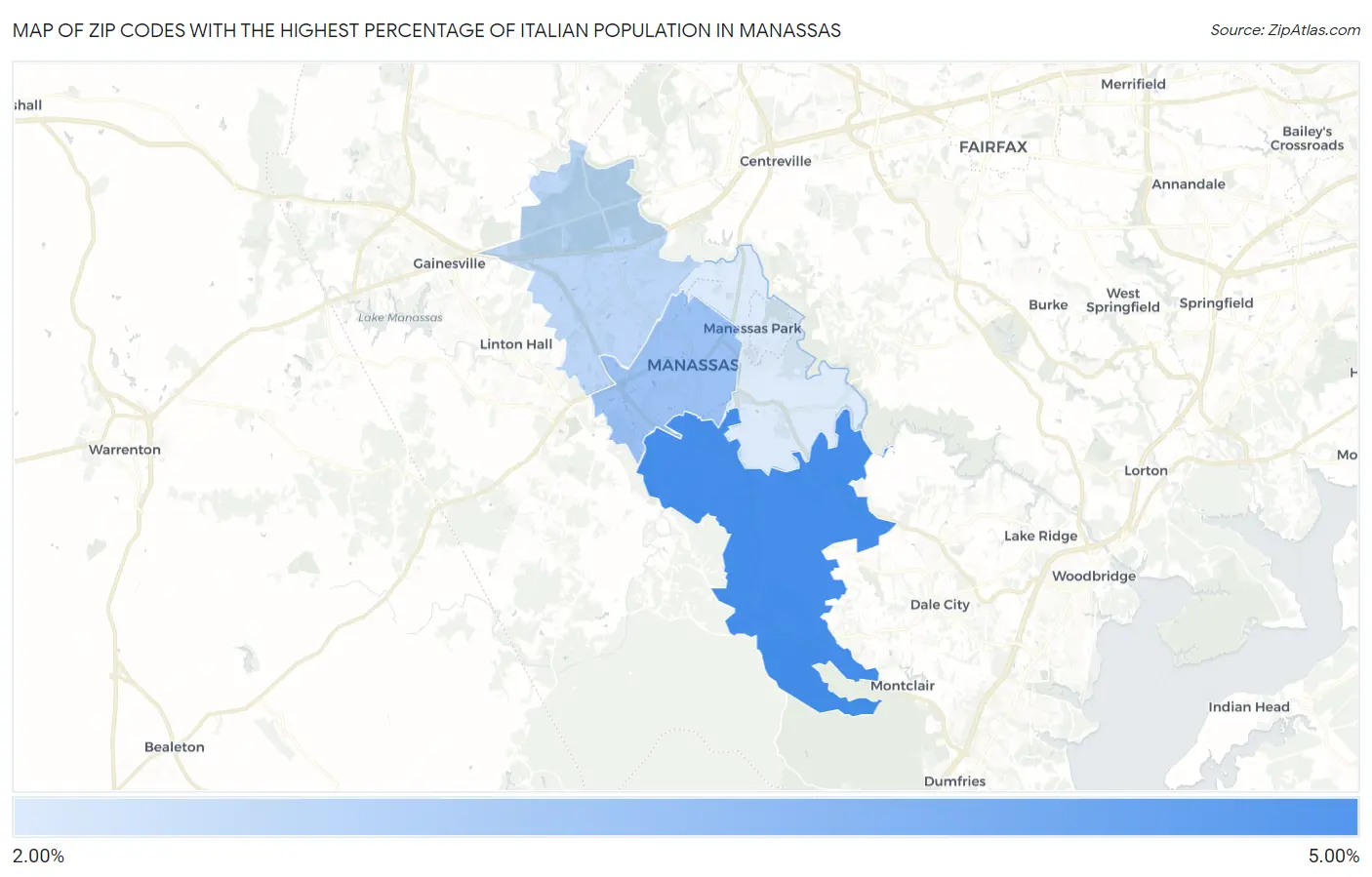 Zip Codes with the Highest Percentage of Italian Population in Manassas Map