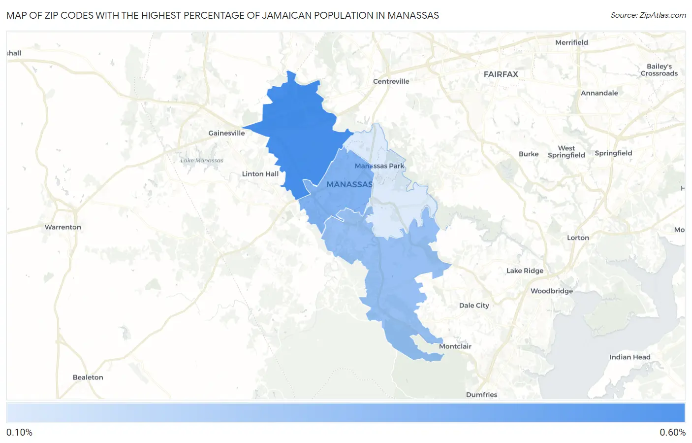 Zip Codes with the Highest Percentage of Jamaican Population in Manassas Map
