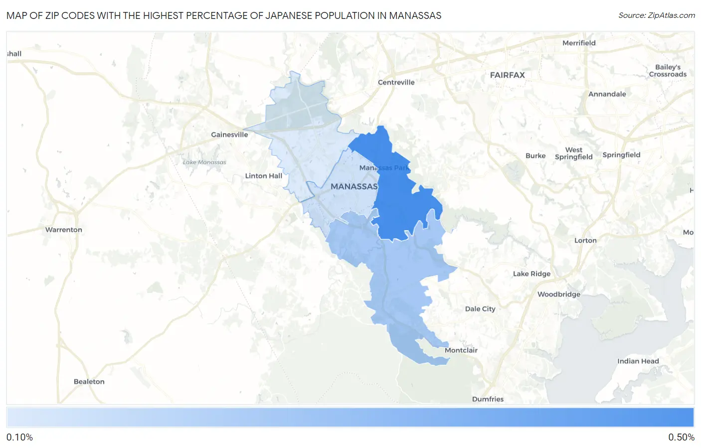 Zip Codes with the Highest Percentage of Japanese Population in Manassas Map