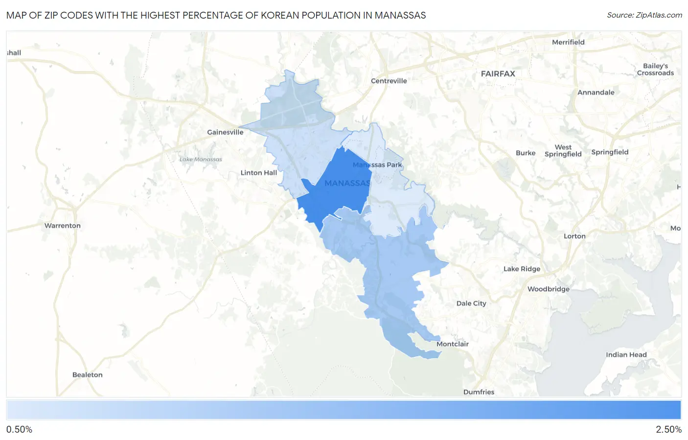 Zip Codes with the Highest Percentage of Korean Population in Manassas Map