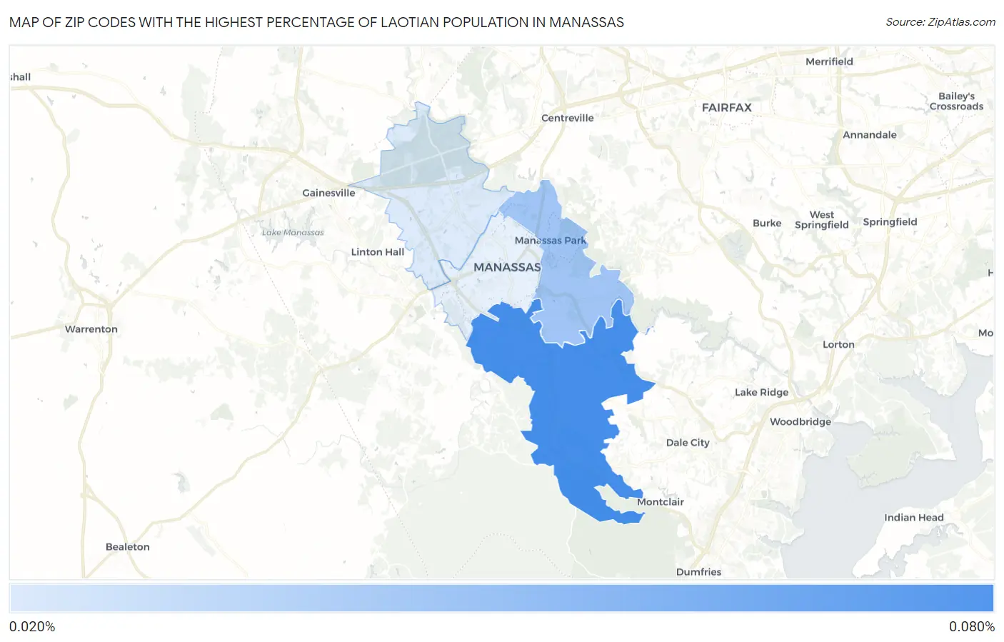 Zip Codes with the Highest Percentage of Laotian Population in Manassas Map