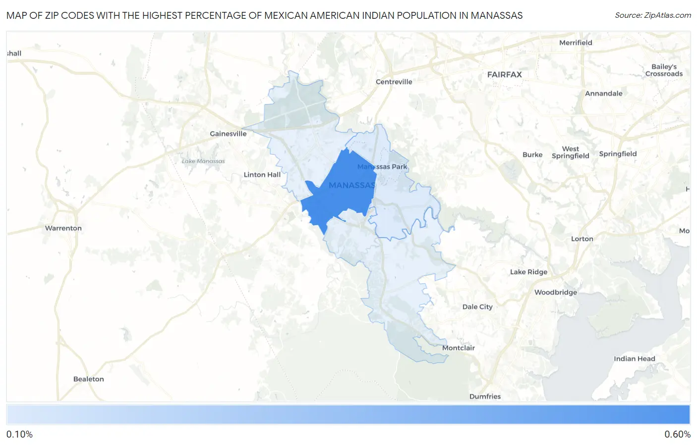 Zip Codes with the Highest Percentage of Mexican American Indian Population in Manassas Map